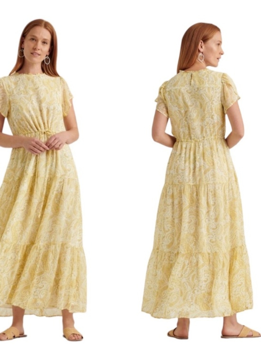 Lucky Brand Women's Dress Ariel Tiered Maxi Ruffle Yellow Paisley Size Medium